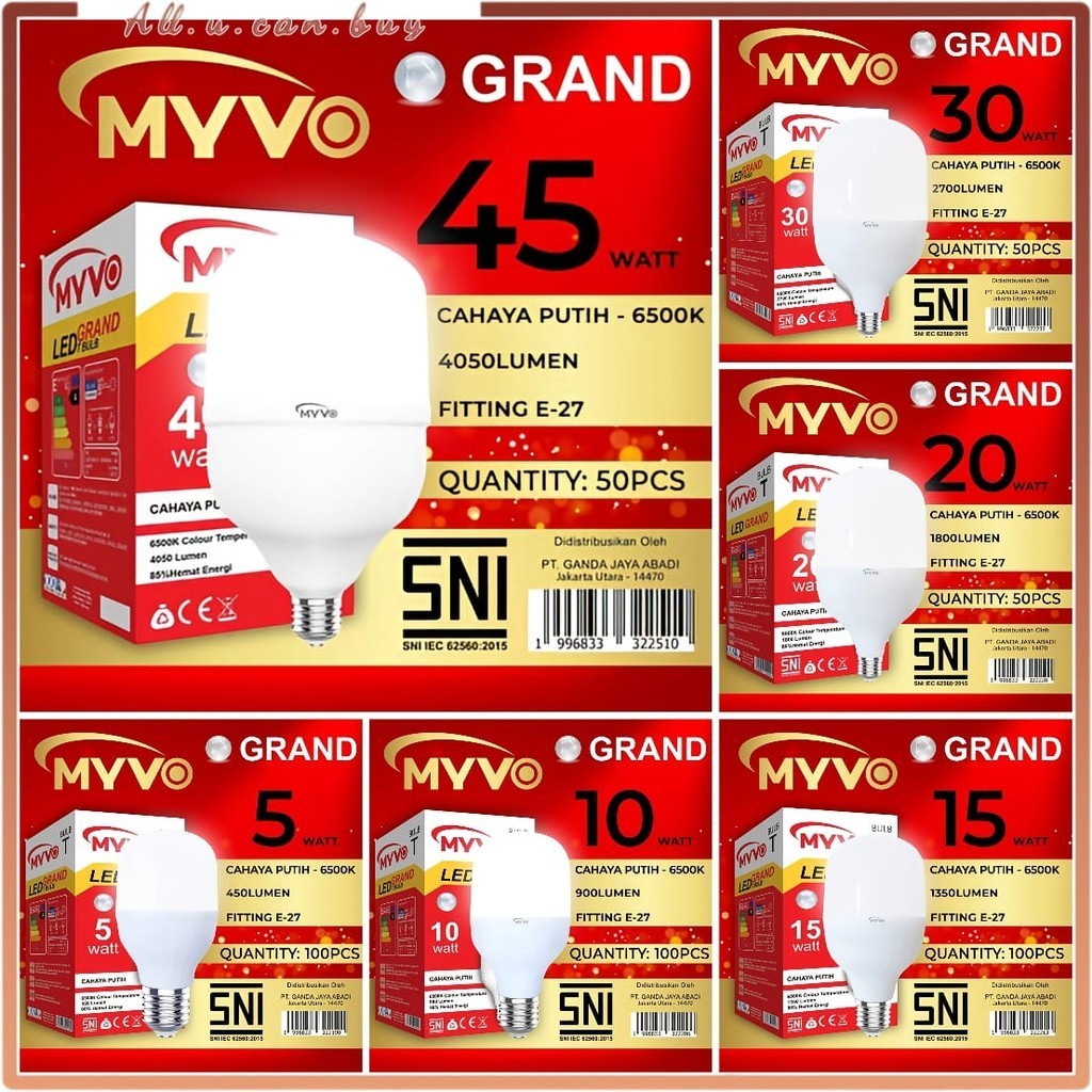 Lampu Bolham LED MYVO Grand Bulb T 5W,10W,15W,20W,30W,45W Lampu Bolham Murah Super Terang Hemat Ener