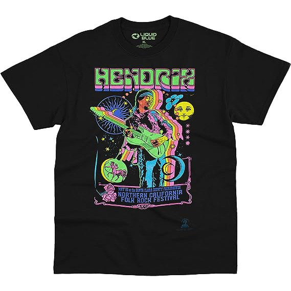 Kaos Liquid Blue Jimi Hendrix Guitar Blacklight T-Shirt