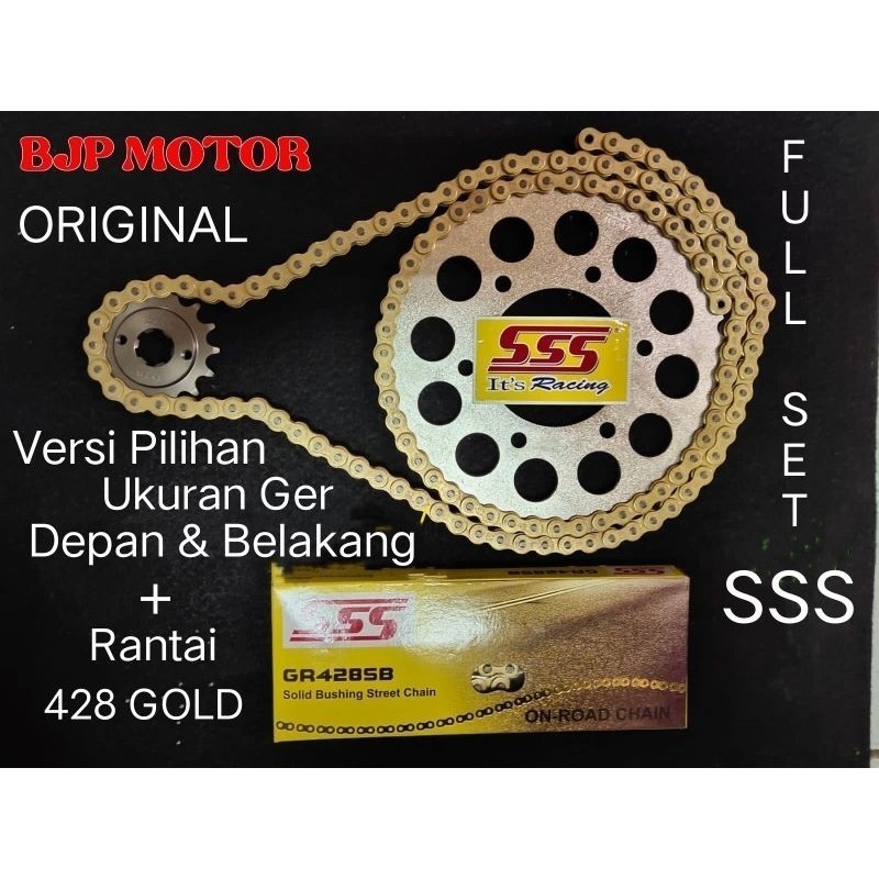 Gear Set FULL SSS 428 Vixion/New, R15/V1/V2, MX King, Xabre, Byson + Rantai SSS 428 GOLD 130L + Pili