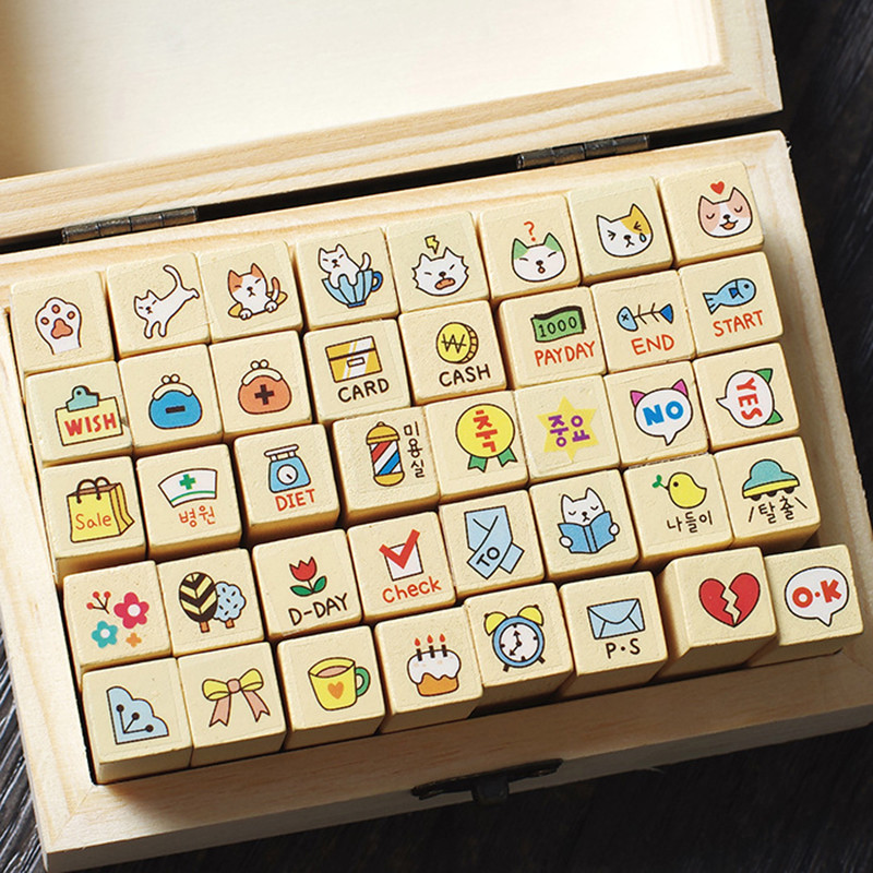 

40pcs Cute Cartoon Stamps Children Toy Wood Scrapbooking Stamper Kids Animals DIY Painting Photo Album Accessories Wooden box