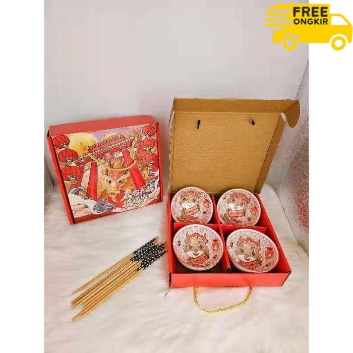 

✨LARIS✨ -Hampers CNY (Chinese New Year Gift Set) Set Mangkok Keramik Imlek - SE - A Naga 4 Pcs