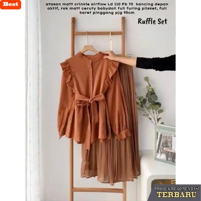 rok wanita kekinian Baju Setelan Wanita Muslim Ruffle Set Atasan Rok Remaja Modern Terbaru - Teracot