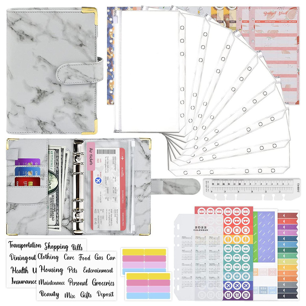 

A6 PU Leather Binder Budget Planner Organizer Set, with Clear Cash Envelopes, Budget Sheets and Label Stickers, for Money Saving