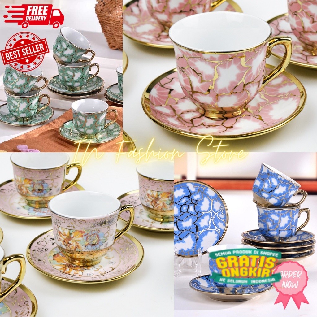 

Souvenir Kado Cangkir Teko Keramik Cantik Set Vintage Style Lepek Tatakan Tea Cup Hampers Wedding / Kado Nikah/ Kado Ulang Tahun/ hampers lebaran/ langsung proses
