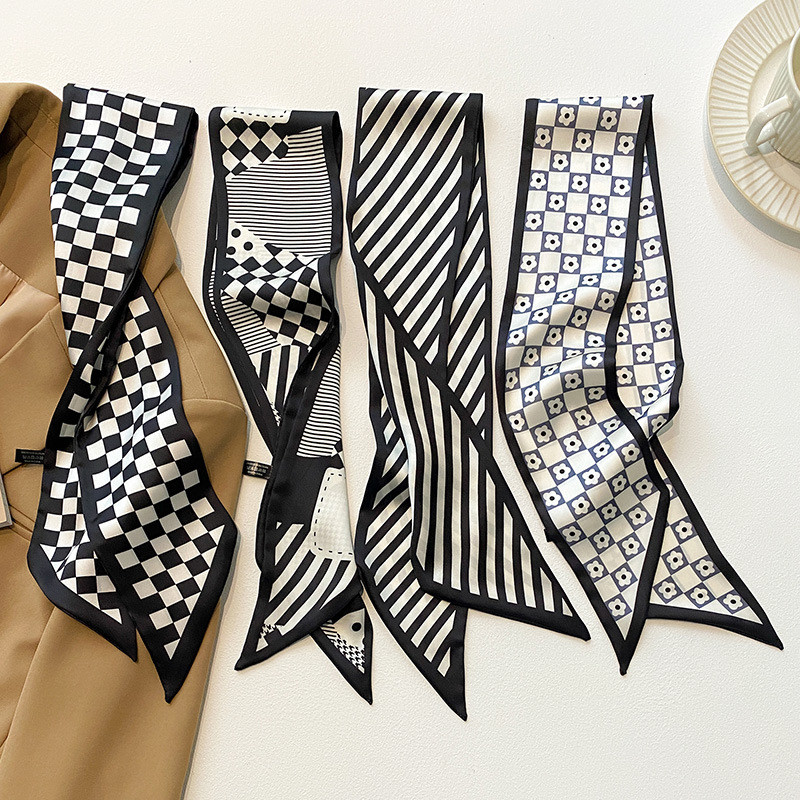 Black Printed Series Silk Scarf Hair Band Ribbon Tied-Up Hair Long Bow Vintage Satin Ribbon Neckerch