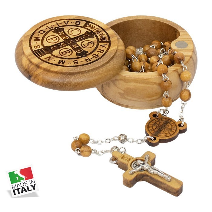 Rosario Kayu Olive Salus Populi Romani Bulat Benediktus Maria Medali Made in Italy Aksesoris Fashion