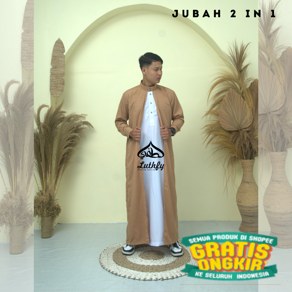 Baju Jubah 2 In 1 Gamis Thobe Pria Laki Laki Dewasa Cowok Remaja Model Haromain Motif Embos Lengan P