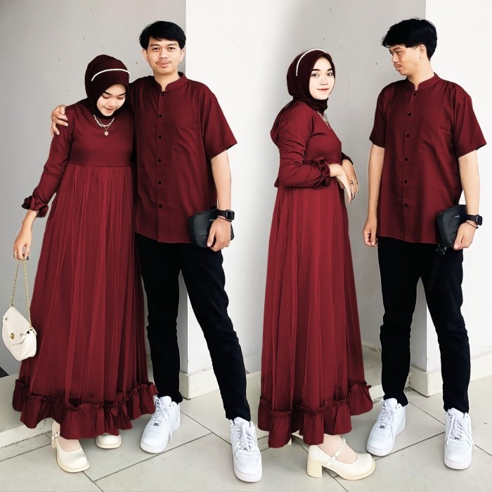 Baju Couple Pasangan Muslim Kemeja Pendek Dress Wanita Pakaian Cople - Maroon