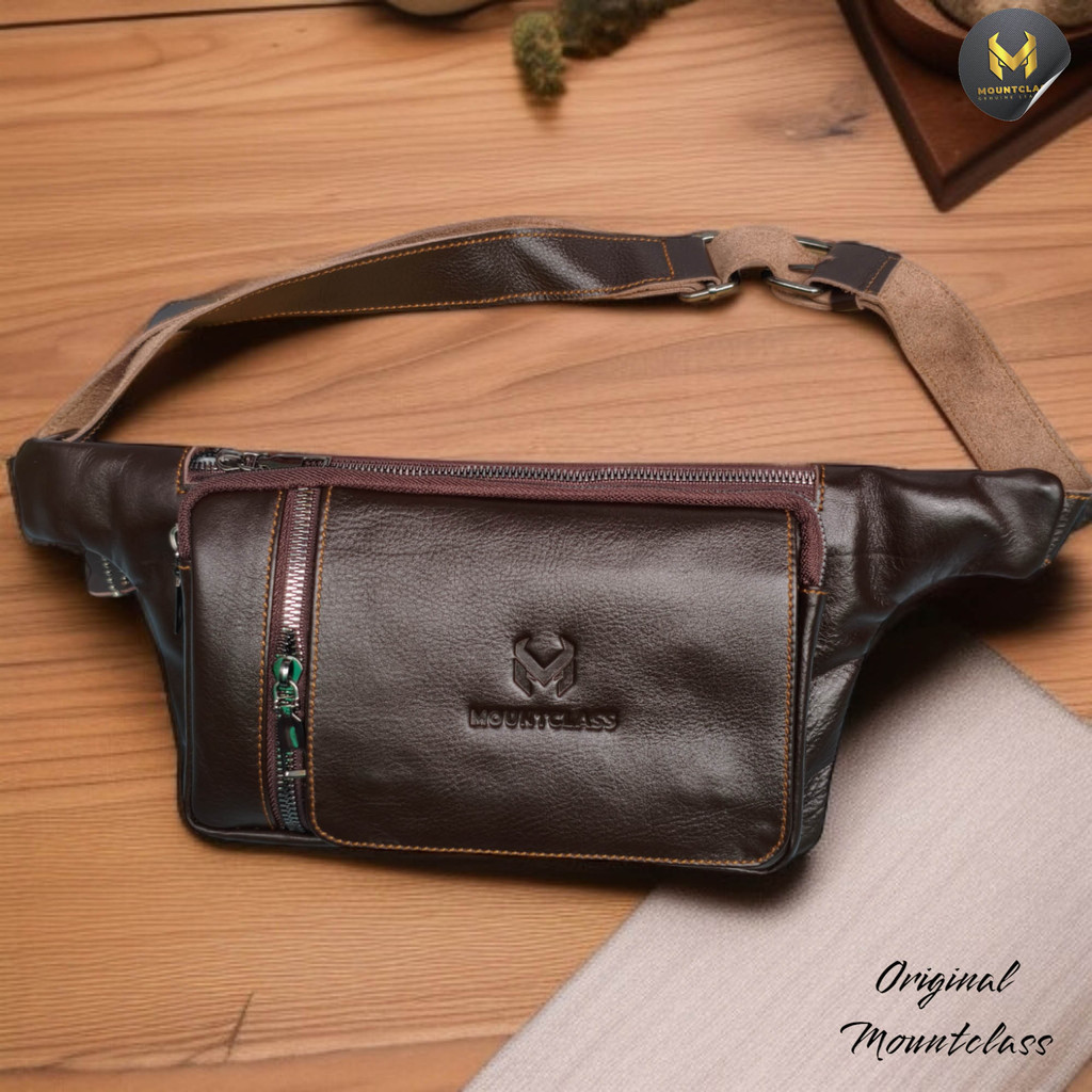 Tas Selempang Pria Kulit Sapi Asli Merk Mount Class Coklat Waterproof Handbag 2in1 Keren Premium Mul