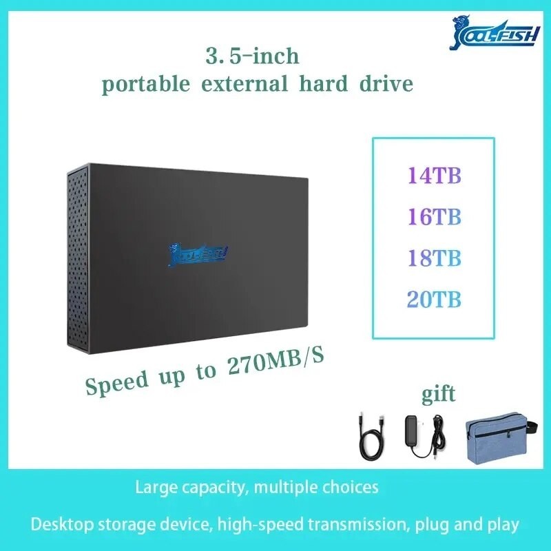 CoolFish External Hard Disk Hdd14TB 16TB 18TB 20TB External Disk 3.5Inch High-capacity External Hard