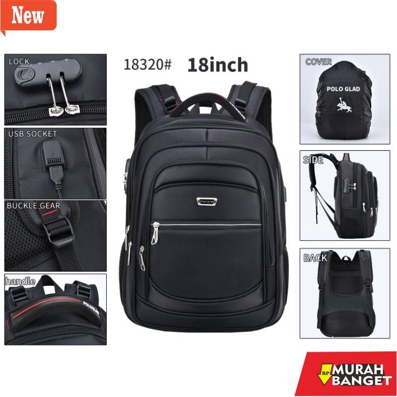 Tas ransel pria terviral- POLO GLAD Tas Ransel Kerja Tas Sekolah Kunci Usb Port 18 inch Original Imp