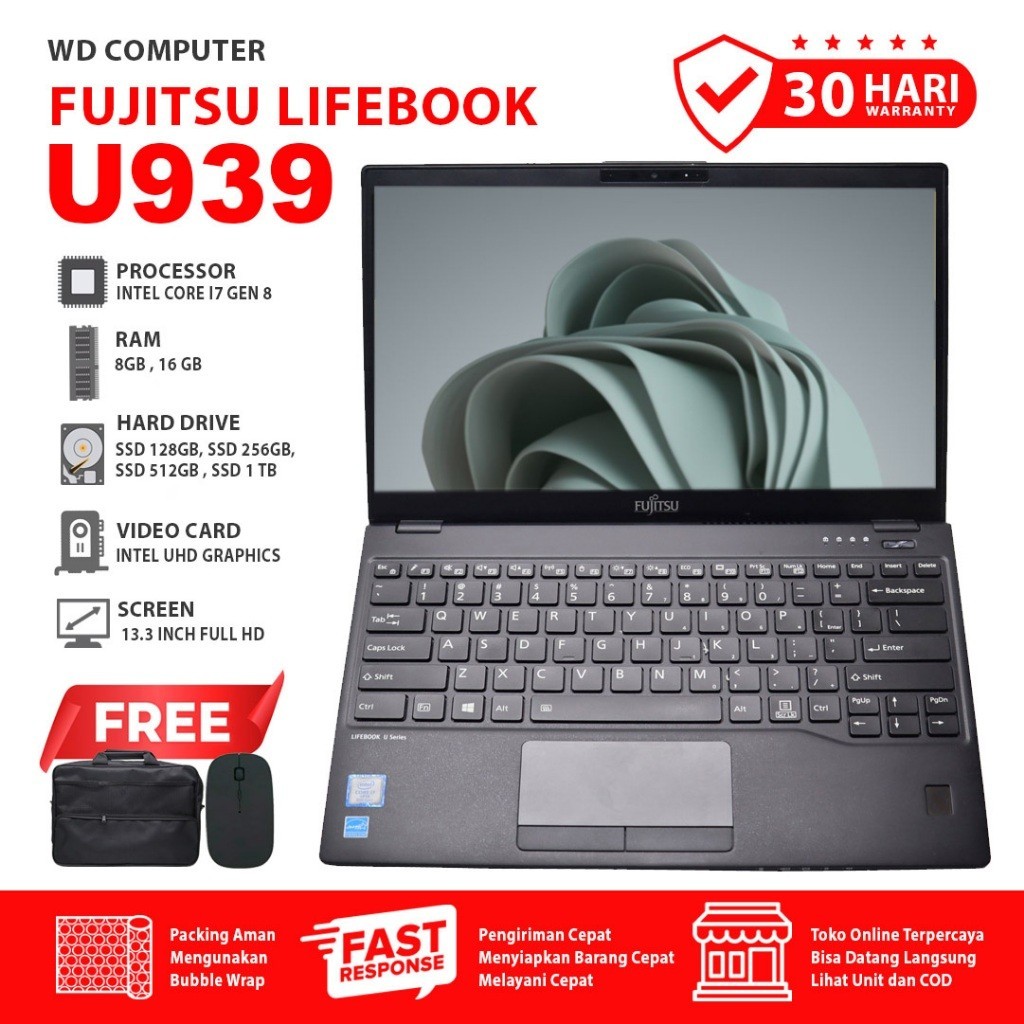 Laptop Kerja Gaming Fujitsu U939 Core I7 gen 8 RAM 16GB Onboard SSD 512GB 13inch Siap Pakai