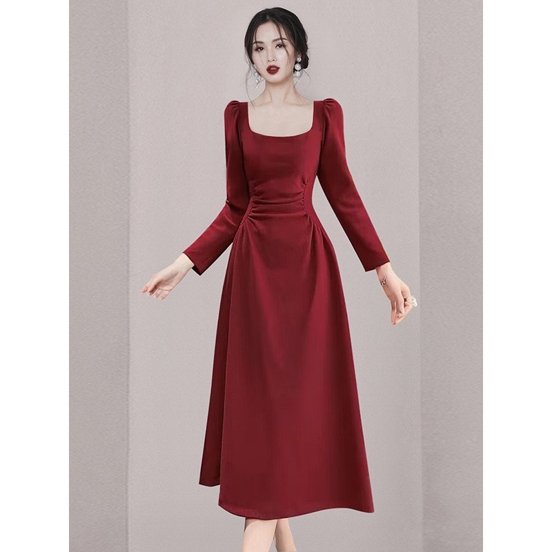 korean Christmas red dress fitted sexy long sleeve for women elegant party dress plus size formal