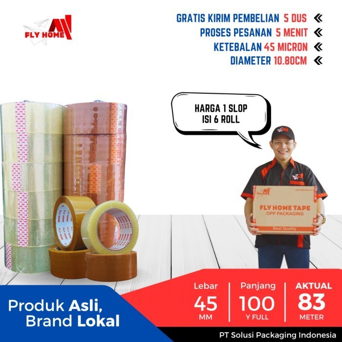 

FLYHOME Lakban bening coklat 45x100yard 6roll ukuran FULL 83M