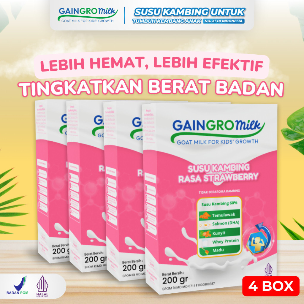 

PAKET 4 BOX GAINGRO MILK STRAWBERRY Susu Kambing Penambah Berat Badan Anak joyskincare.bekasi