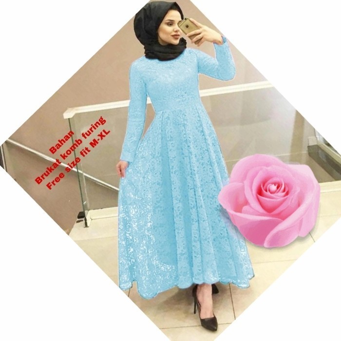 gamis pesta brukat dress yunita biru muda maxi baju muslim mx