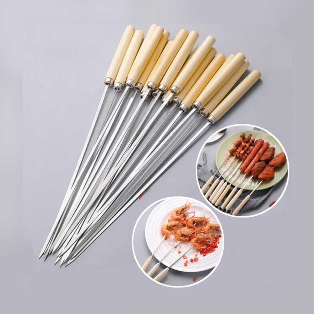 Alat Tusuk Sate Stainless Tusukan Sate Besi Gangang Kayu 50 Pcs Alat Barbeque BBQ Bakaran Sate 30cm 