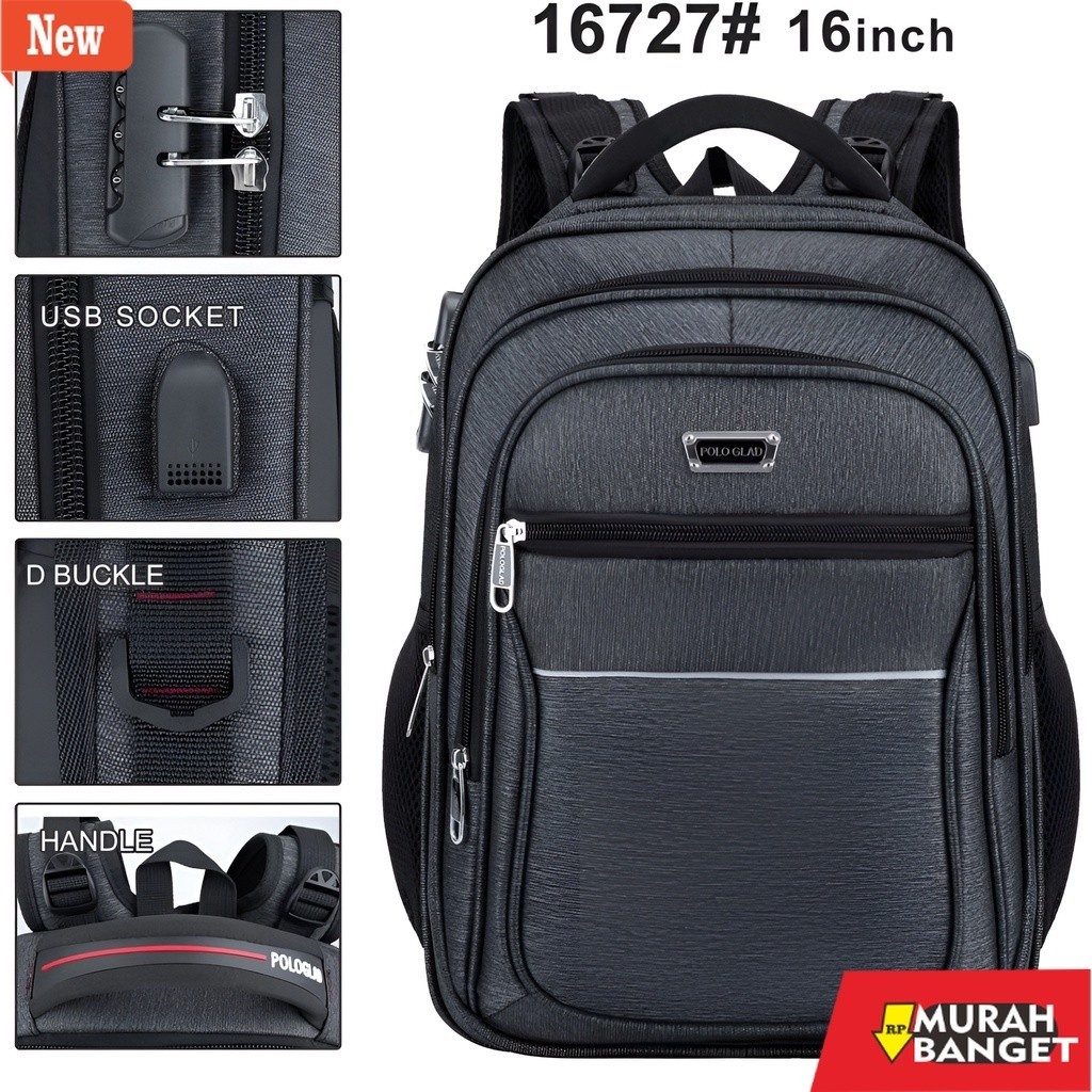 Tas Ransel Pria Kekinian POLO GLAD 16 Inch Tas Ransel Kerja Tas sekolah Kunci Usb Port POLO Import