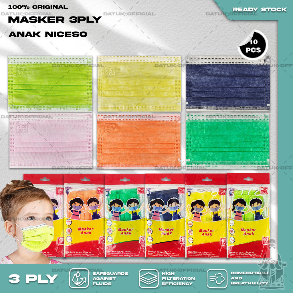 Masker Anak Medis 3Ply NICESO Isi 10Pcs Warna Warni 3 Ply Earloop Surgical Mask Kemenkes