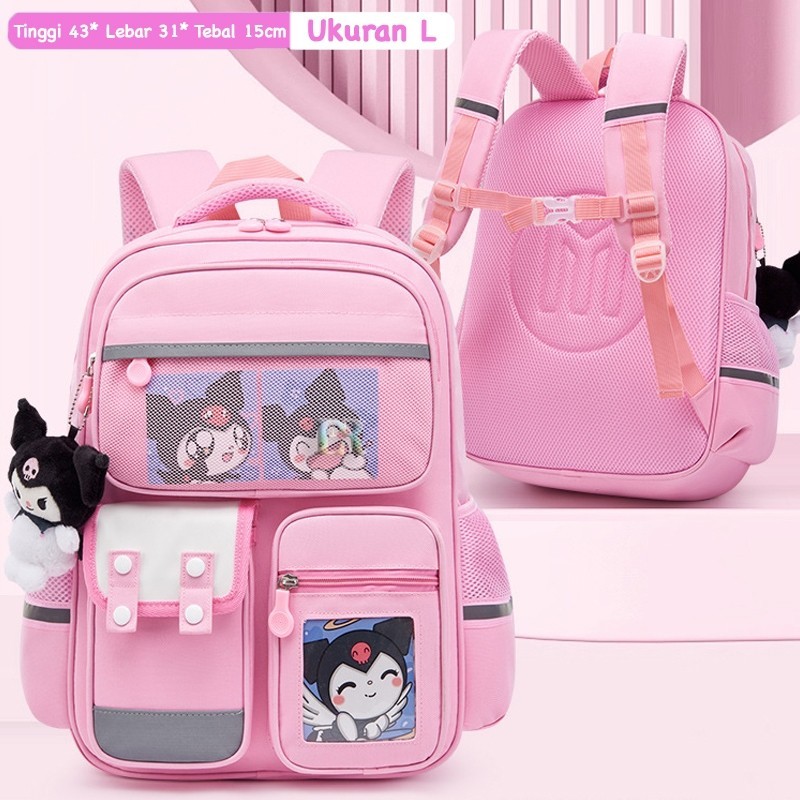 Ransel School Bag Import untuk Anak Perempuan dengan Gantungan Motif Sanrio Kuromi Tas Sekolah Gendp