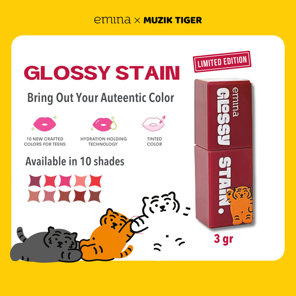 Emina Glossy Stain x Muzik Tiger 3 g - Melty Gel Lip Tint Glossy Finish, Tahan Lama dan Melembabkan