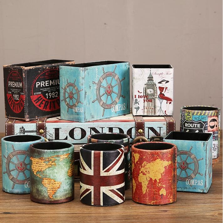 Sharkbang Vintage PU Leather Desktop Pen Holder Desk Organizer Storage Box Sool Office Stationery Ac
