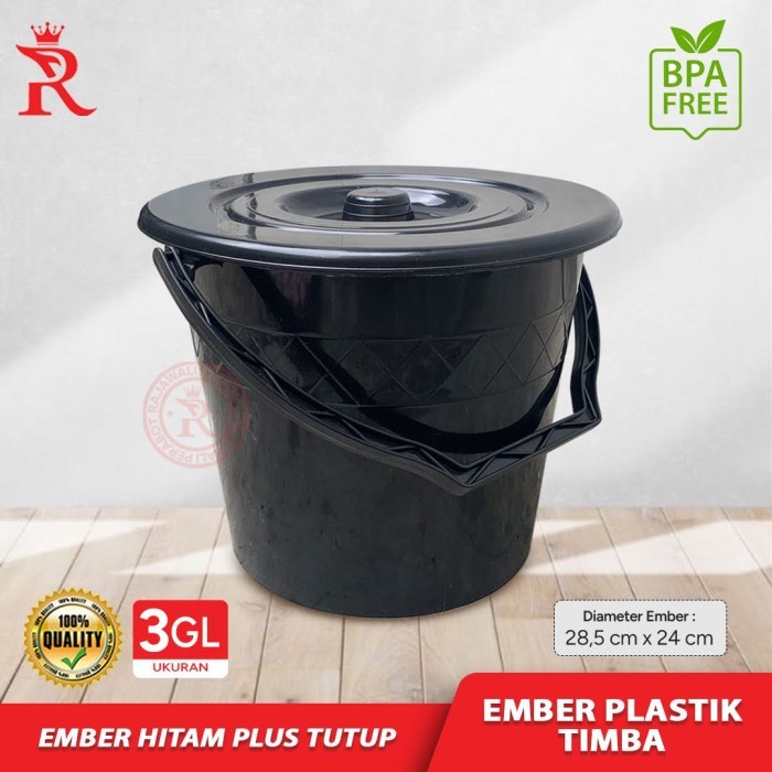 Ember Timba Hitam 3GL Ember Air Tutup 12 Liter