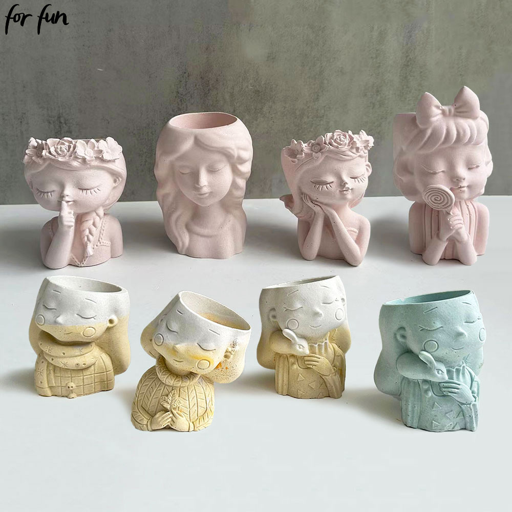 

For Fun Cute Girl Head Shaped Flower Pot Silicone Mold Pen Holder Candle Holder DIY Cement Pot Planter Resin Mold Vase Mould
