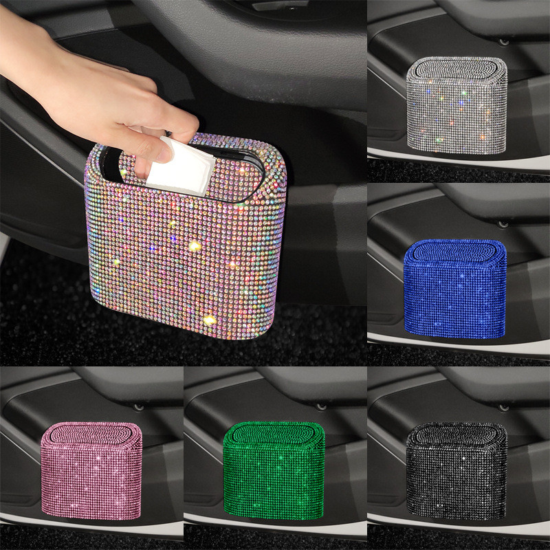 Glitter Trash Can For Car Storage Box Garbage Grabber Bling Rhinestone Door Trash Bin Auto Supplies 