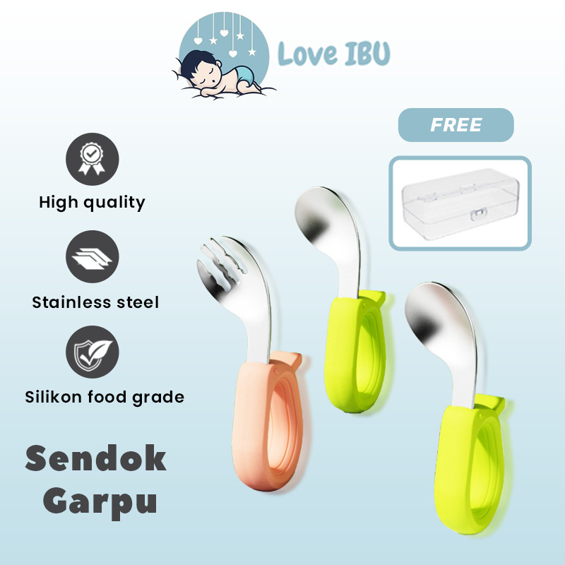 [ Love IBU ] Sendok Anak Stainless Steel - Training Spoon Baby Spoon - Sendok Belajar Makan Bayi - S