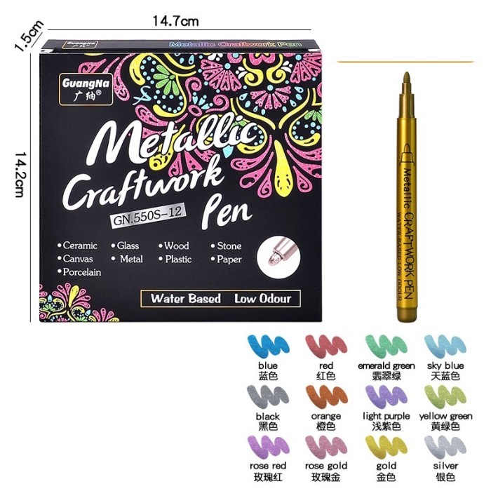 

[LOGU] Metallic Craftwork Pen, Spidol Tahan Air Logam Kaligrafi, Pena Warna Putih Emas Perak, Pena Highlighter Metalik Dekoratif