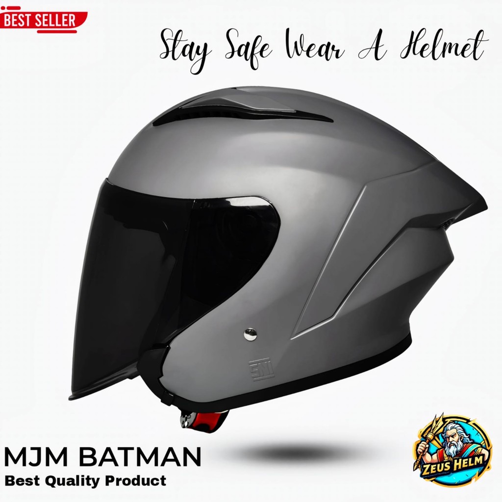 Zeus Helm | Helm Half Face MJM Batman | Helm SNI Premium Quality | Helm Grey Doff Visor Hitam
