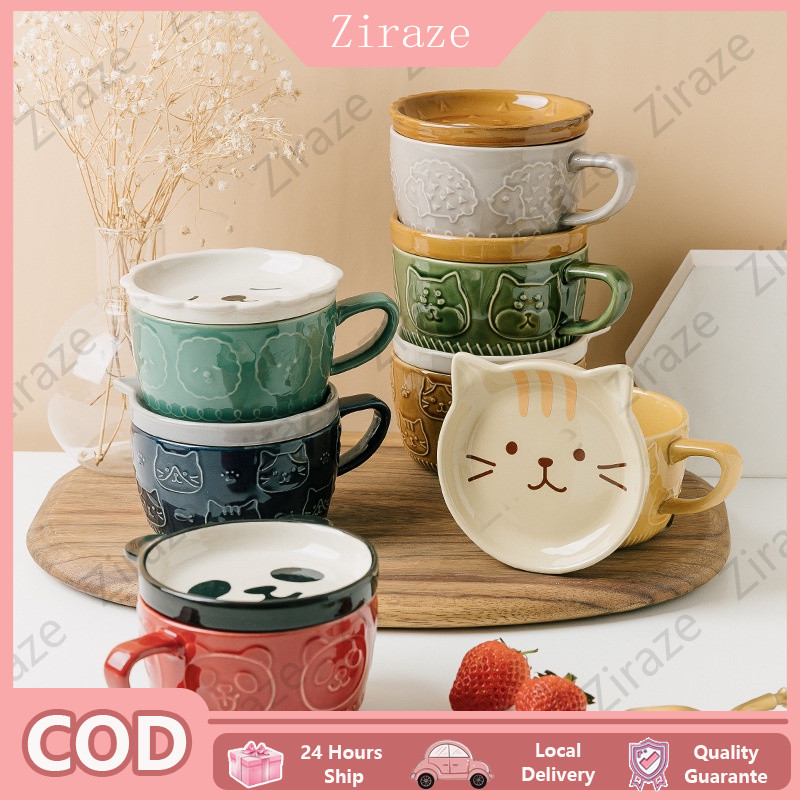 【COD】Set Mug Keramik Kucing dengan Tutup / Tutup Mug Sarapan Lucu Yang Kreatif / Kartun Kucing Mug /