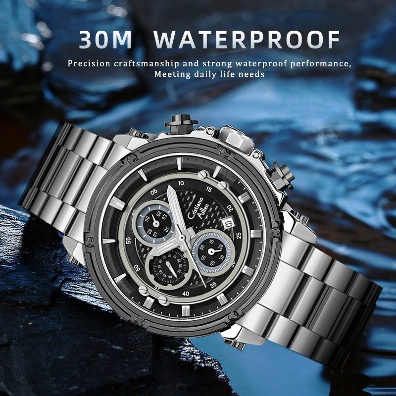 Cristiano Aillen Jam Tangan Pria Analog 0801 Rantai Stainless Steel Chronograph Kaca Sapphire Water 