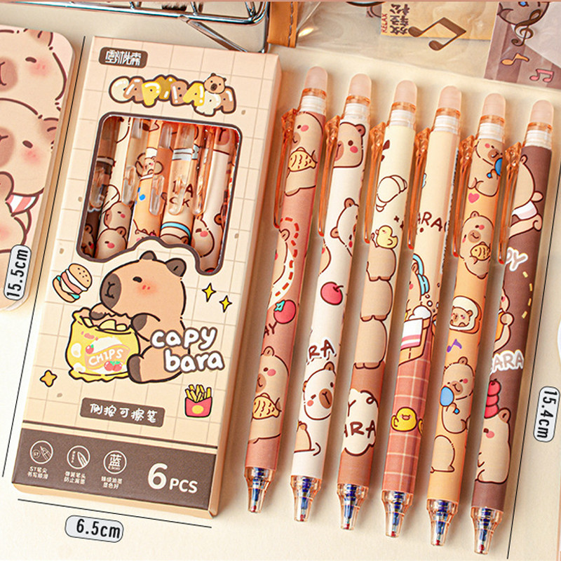 

6pcs Cute Capybara Erasable Pen Blue Ink Writing Smooth Quick-Drying Office Accessories Elegant Pens Cute Japanese Stationery