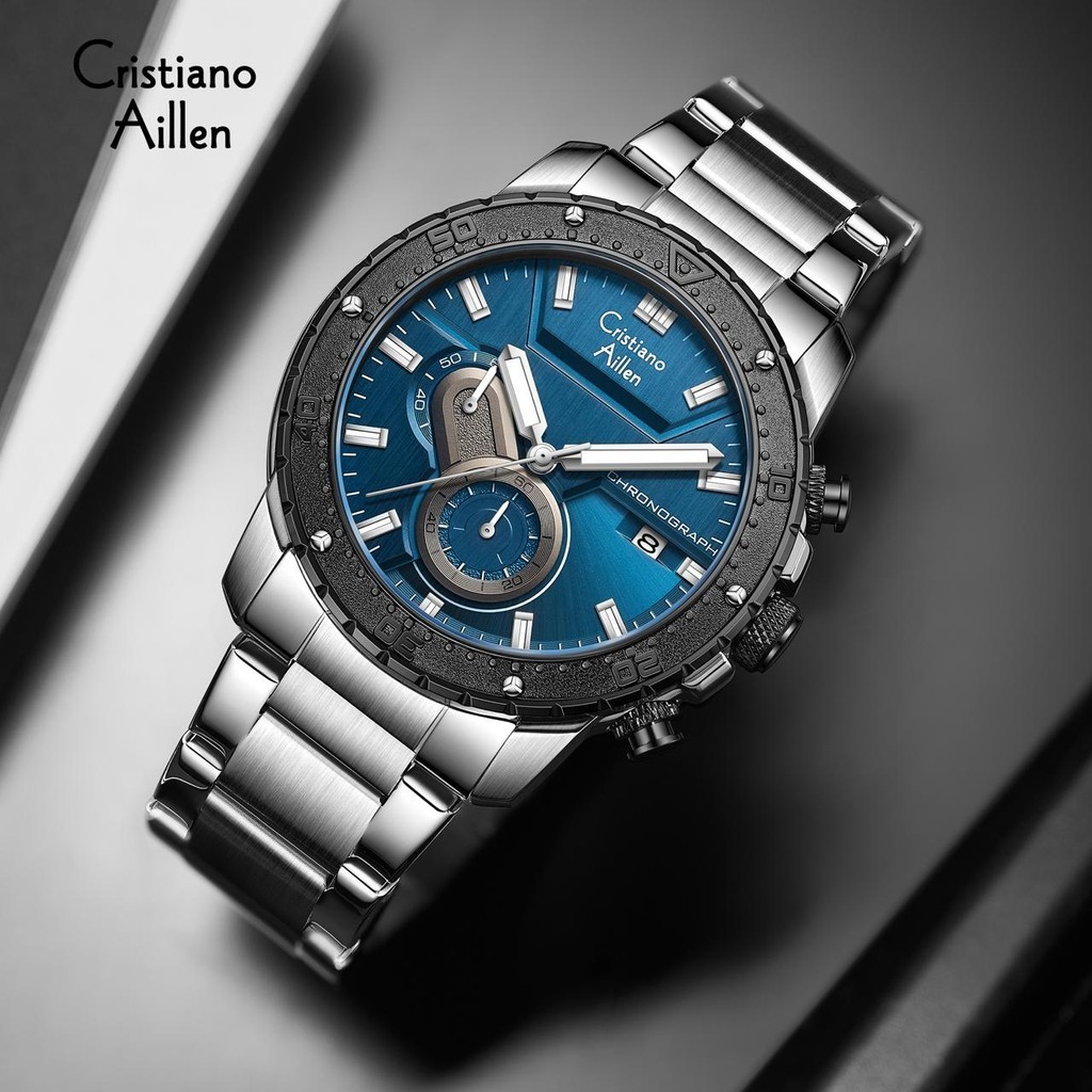 Cristiano Aillen Jam Tangan Pria Analog 8900 Rantai Stainless Steel Chronograph Kaca Sapphire Water 