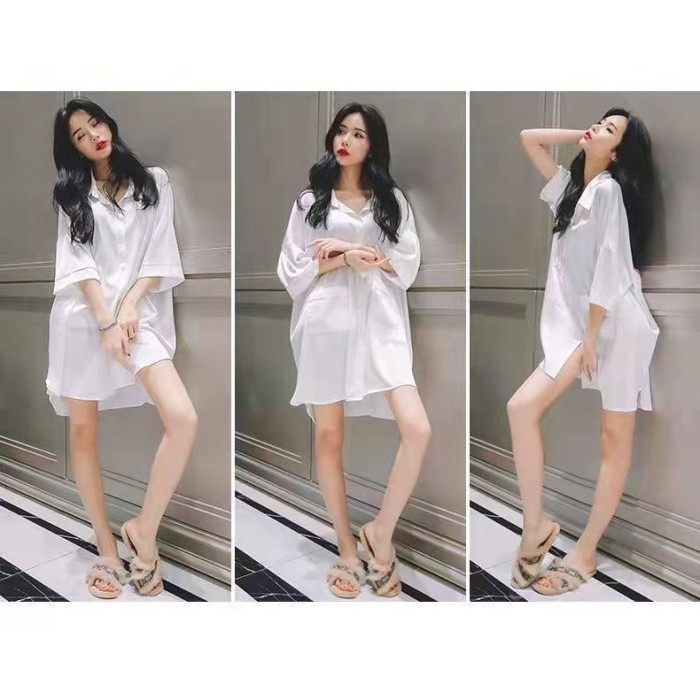 ✨LARIS✨ -Piyama baju tidur putih kemeja Dress panjang sexy bahan Chiffon - Putih, L
