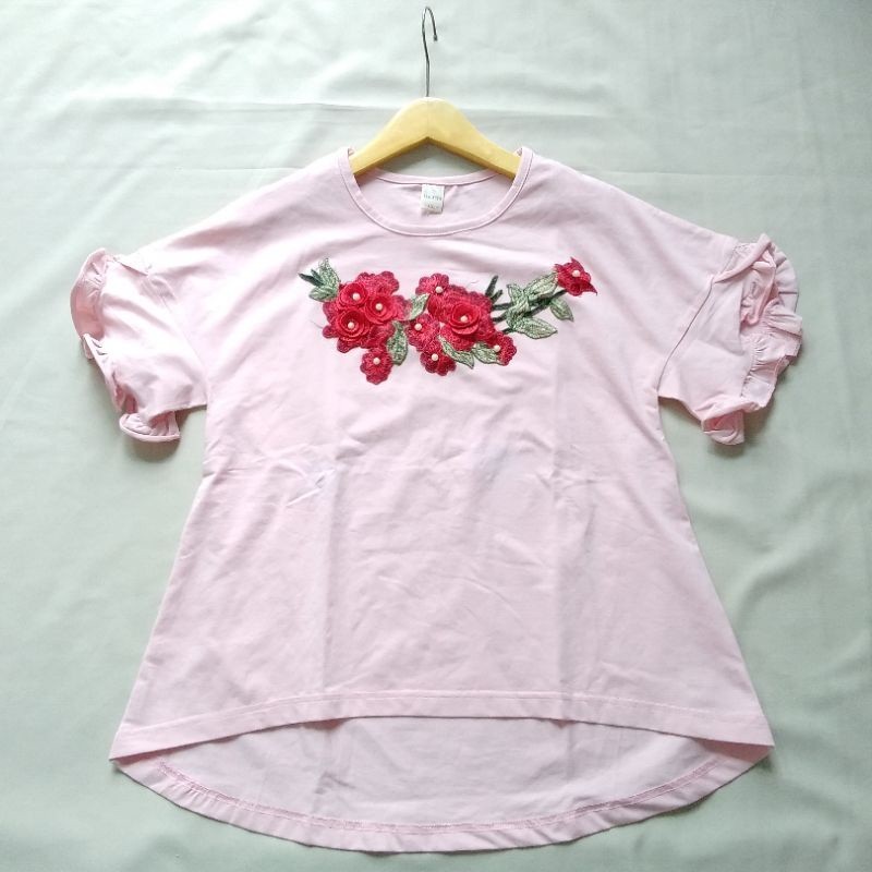 BLOUSE  BAJU SANTAI/RUMAH ANAK FASHION CEWEK BAHAN KATUN KAOS ADEM PINK BROKAT BUNGA FLOWER UMUR 8-9