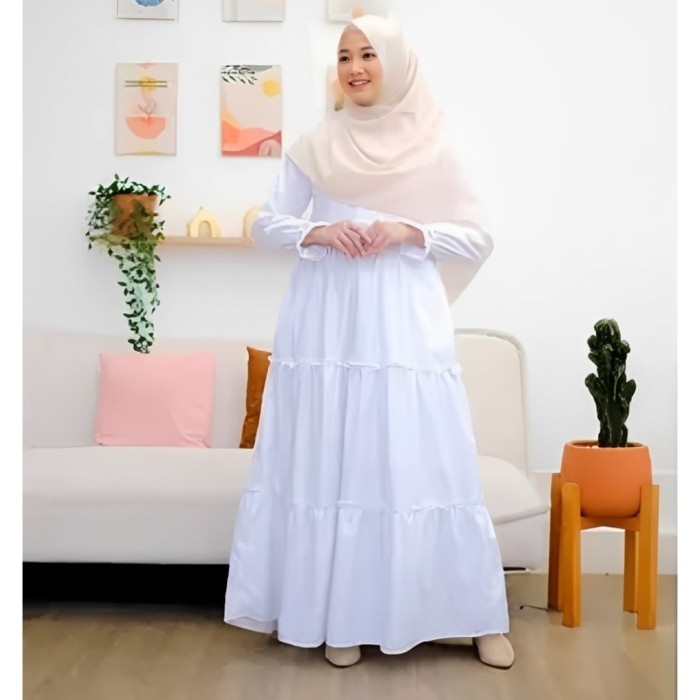 AR611 Gamis Putih Wanita Dewasa Rempel Susun 3/Gamis Polos Putih Model Simple Dan Berbahan Lembut Ti