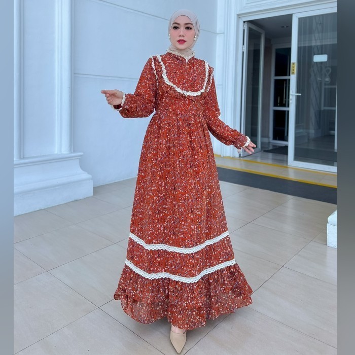 gamis Khalia xl baju muslim pesta mewah ceruty terbaru murah kha Tm - merah bata