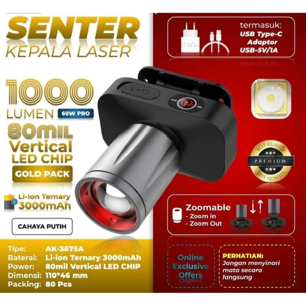 Terrmurah Aoki Senter Zoom Super Terang 1000 Lumen Cahaya Putih 60 Watt Pro 20 Jam