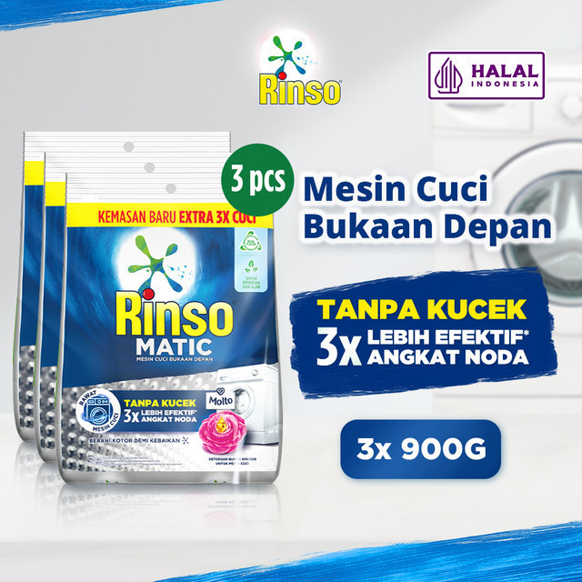 Rinso Detergent Bubuk Konsentrat Deterjen Matic Mesin Cuci Bukaan Depan 900 g x3