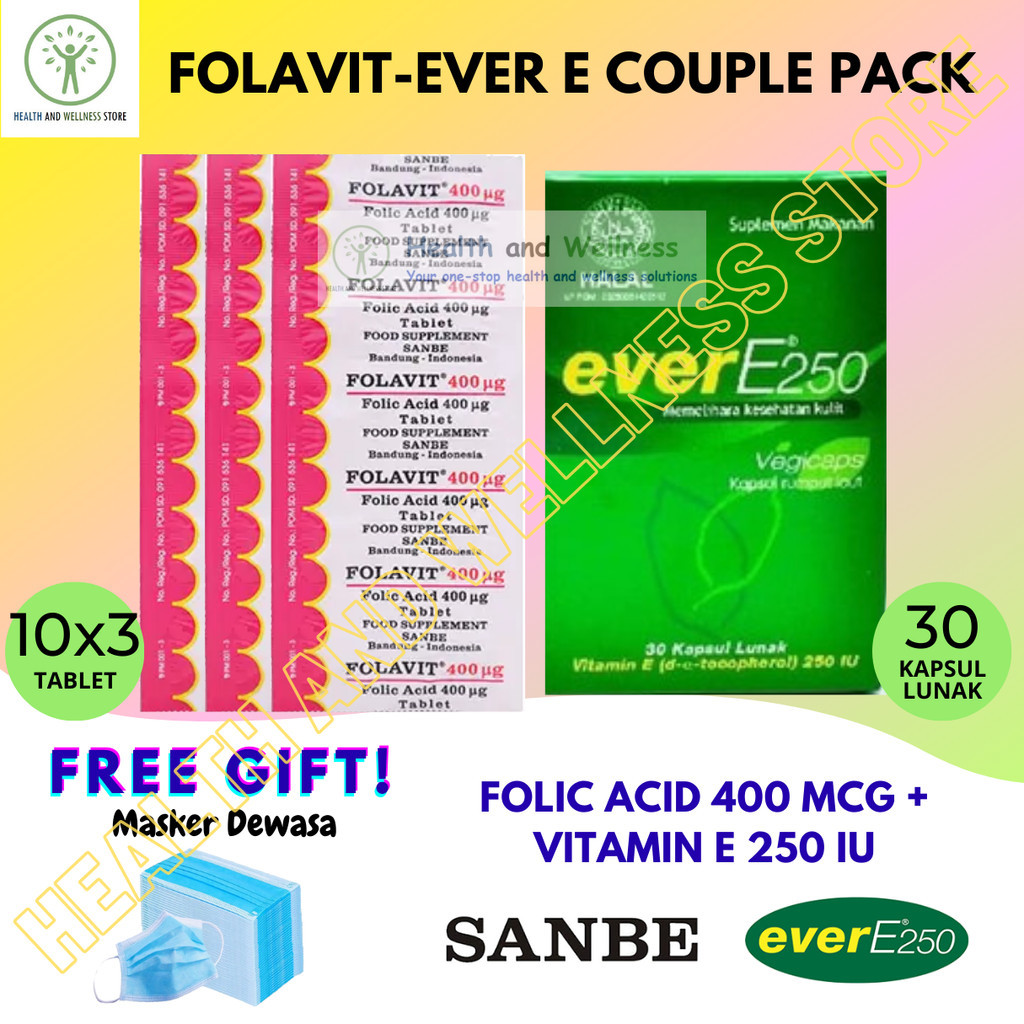 PAKET FOLAVIT 400 MCG 30 TABLET DAN EVER E 250 IU 30 KAPSUL LUNAK VITAMIN COUPLE PACK