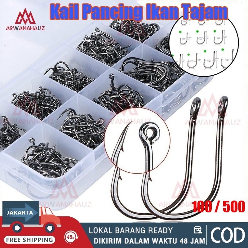 100/500Buah Kait Ikan Baja Karbon Kail Pancing Ikan Tajam dari No.3 s/d No.12 Kail Pancing 1 Set Box
