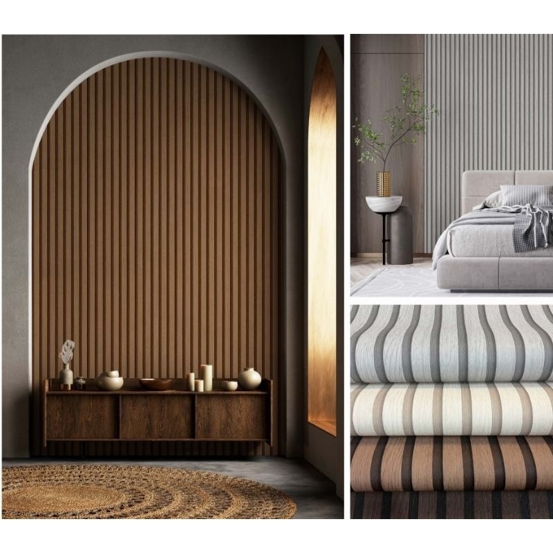 Wallpaper Dinding Motif Wallpane Kisi Kisi  WPC Panel Motif Kayu 3D Warna Coklat Abu Cream Natural R