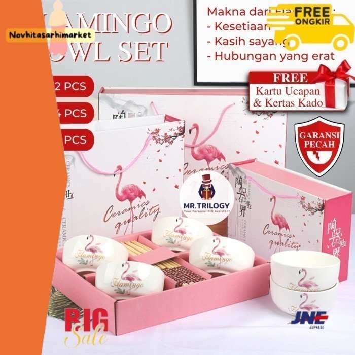 ✨LARIS✨ -Hampers Flamingo Mangkok Keramik Set Sumpit Gemes Alat Makan Aestetik - Set 4 pcs