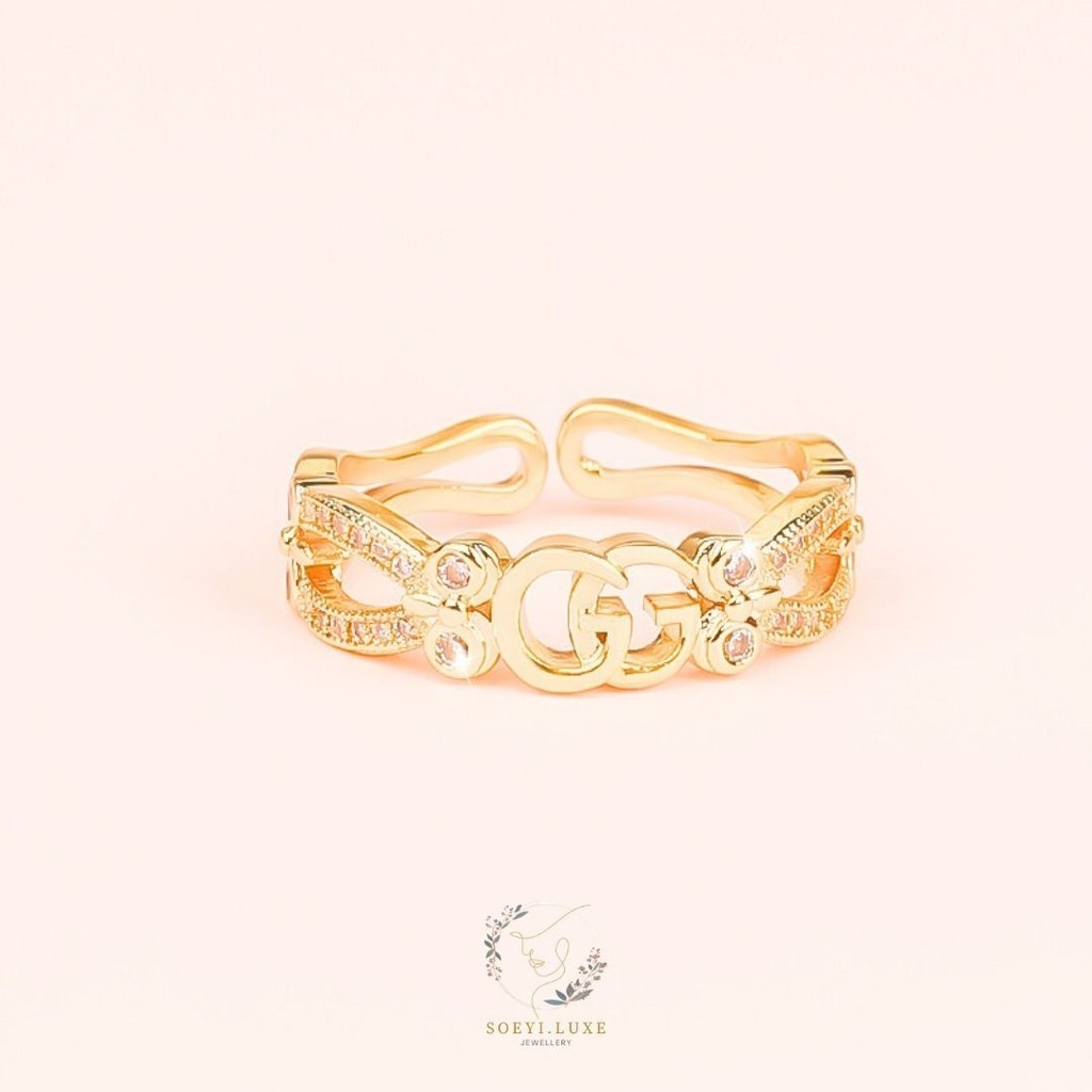 Cincin Fashion GG Titanium Zirconia Tahan Karat Cincin Wanita Permata Emas Cantik Huruf G