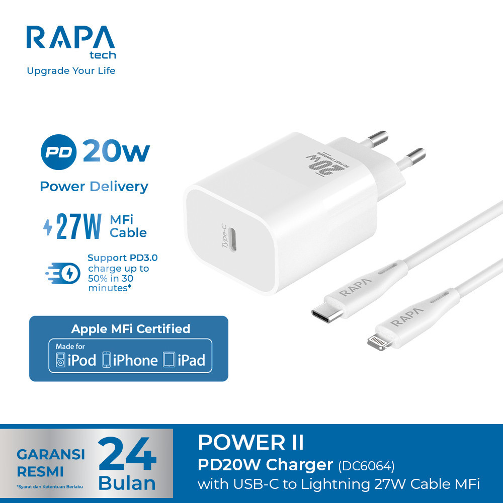 Charger with Kabel C to Lightning MFi 27W RAPAtech POWER II PD20W Charger DC6064