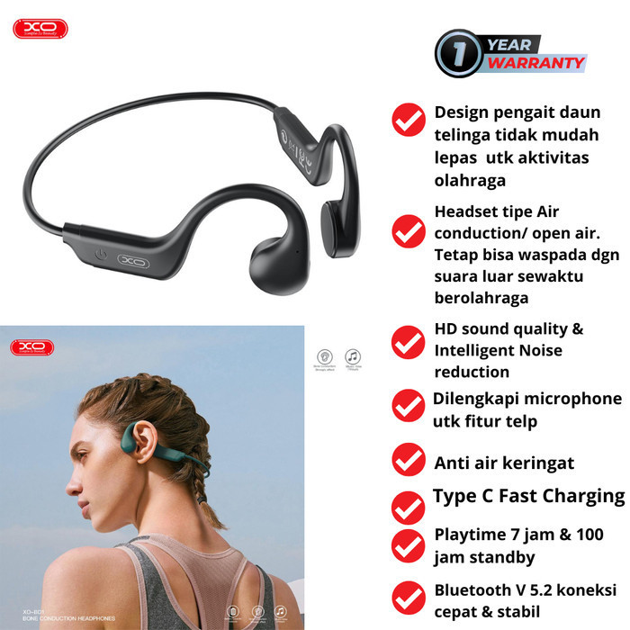 PRODUK TERBATAS XO True Bone Conduction Open Air Bluetooth Sport Headset Hitam BD01