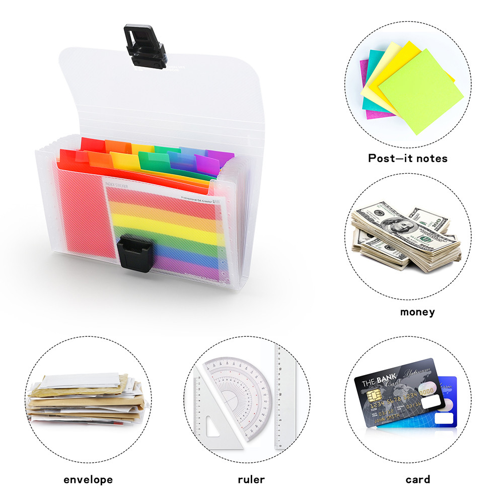 

A6 Portable Files Storage Clip with Buckle 13 Grids Rainbow Document Organizer Expanding Folder Office School Supplies